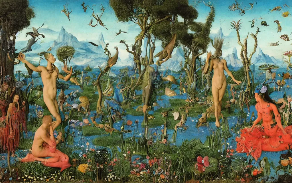 Image similar to a photograph of a meditating centaur shaman and a harpy mermaid feeding animals. surrounded by bulbous flowers, animals and a few trees. river delta with mountains and cliffs under a blue sky full of burning stars and birds. painted by jan van eyck, max ernst, ernst haeckel, ernst fuchs. trending on artstation