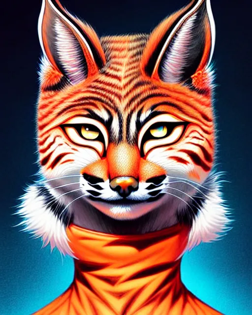 Image similar to artgerm, jeehyung lee comic cover art, bobcat! with orange fur, symmetrical eyes, symmetrical face, white shirt!, dark castle background, cinematic lighting