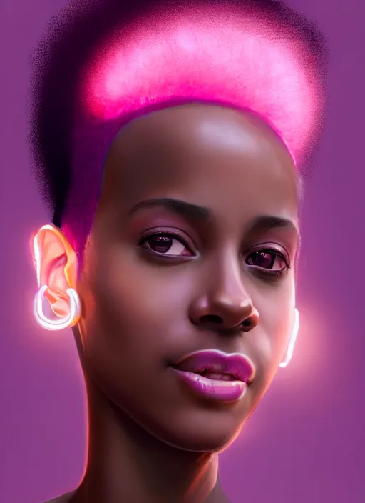 Prompt: portrait of toni topaz, black teenage girl, pink curly pixie cut hair, purple cap, hoop earrings, subtle confident smile, intricate, elegant, glowing lights, highly detailed, digital painting, artstation, concept art, sharp focus, illustration, art by wlop, mars ravelo and greg rutkowski