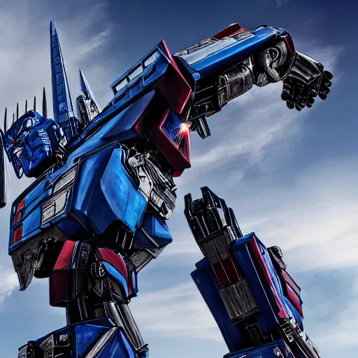 Image similar to optimus prime shooting at megatron, striking pose, robot huge, fly engines,