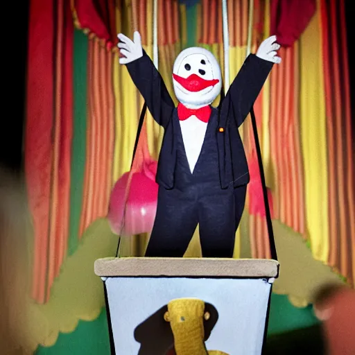 Image similar to puppet show of a string marionette of a president with clown makeup in a podium