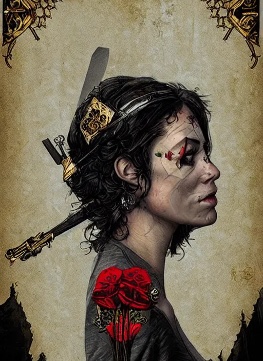 Image similar to tarot card :: horror :: vampires and draculas :: hearts and roses :: gold and silver :: guns and swords :: side profile :: highly details :: intricate details :: Sandra Chevrier and bastien lecouffe deharme