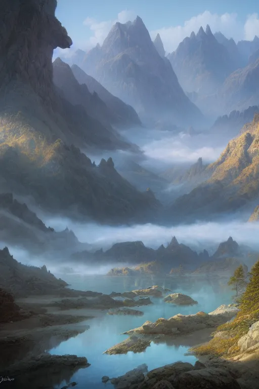 Prompt: wide angle of a mountains landscape with a blue lake centered, mist, a detailed matte painting by christophe vacher, matte painting, ultra detailed, matte drawing