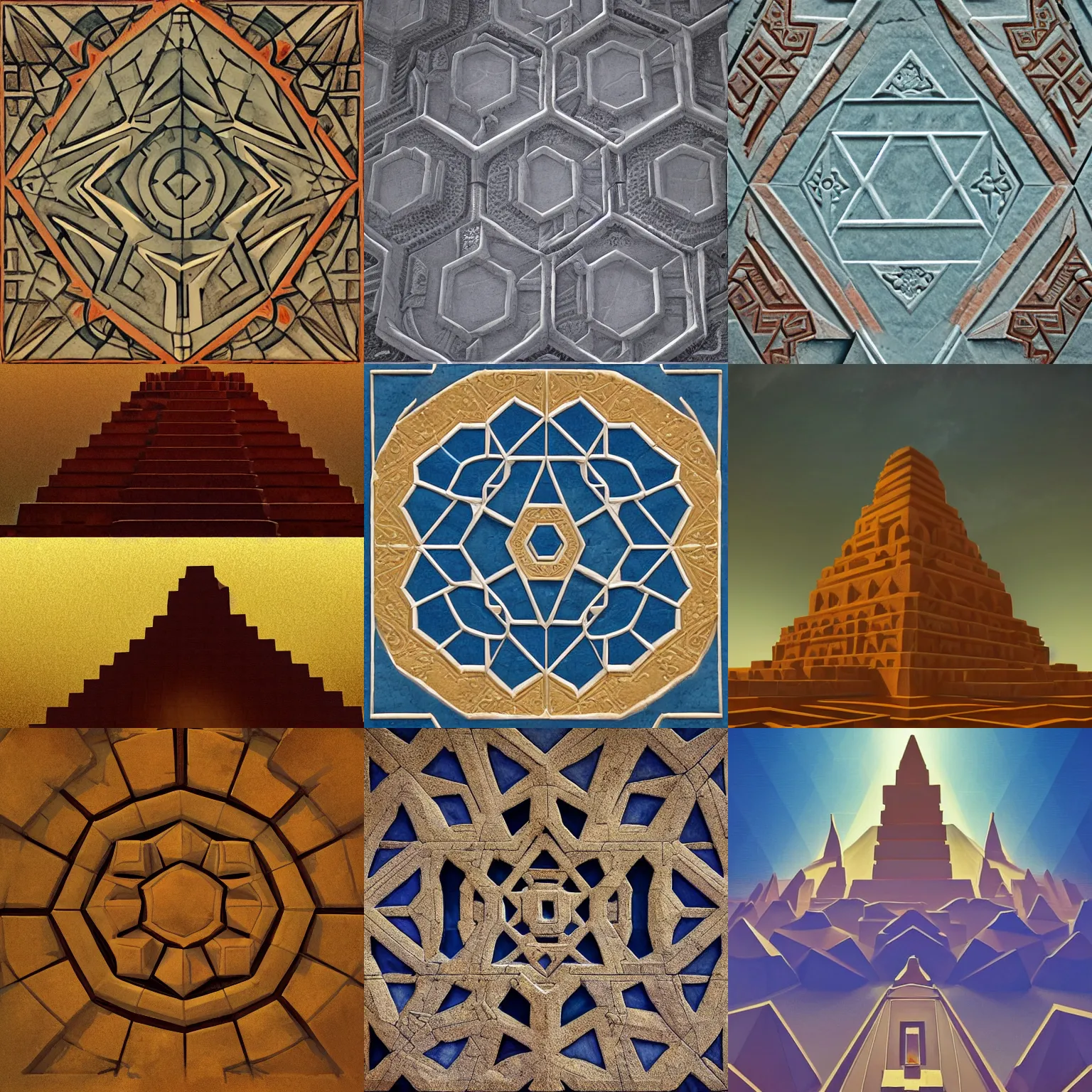 Prompt: hexagon footprint Ziggurat by Sylvain Sarrailh and Nicholas Roerich and Annie Swynnerton, dramatic cinematic lighting , beautiful tilework, ornate architecture, lost civilizations, smooth, sharp focus, extremely detailed + 8k