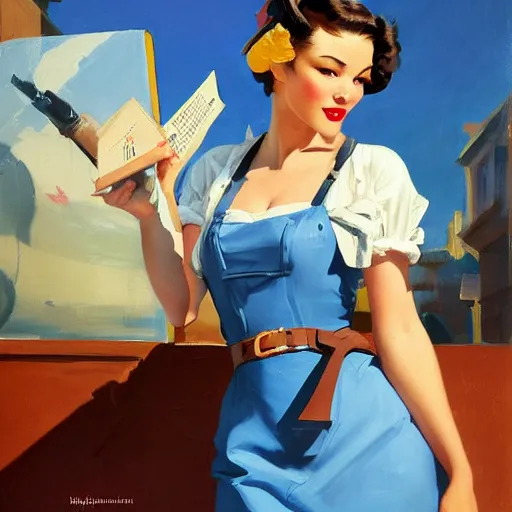 Prompt: greg manchess portrait painting of a beautiful waitress 1 9 4 0's pinup as overwatch's characters, medium shot, asymmetrical, profile picture, organic painting, sunny day, matte painting, bold shapes, hard edges, street art, trending on artstation, by huang guangjian and gil elvgren and sachin teng