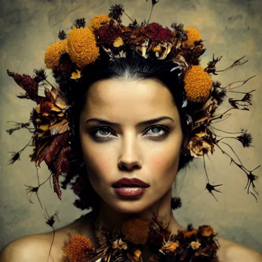 Image similar to fine art photo of adriana lima, she has a crown of dried flowers, by oleg oprisco