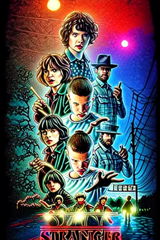 Prompt: Stranger Things poster by Matt Groening, high resolution, hyper detailed, intricate, illustrated, all cast members !n-9