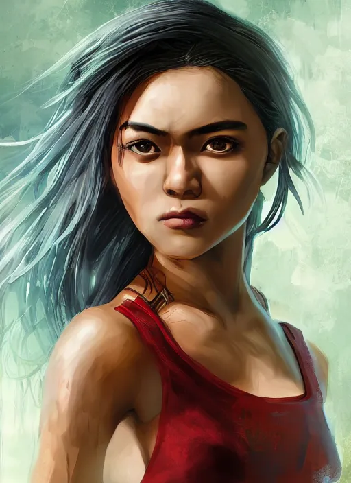 Image similar to An epic fantasy comic book style portrait painting of a young Malaysian woman, expressive, dark piercing eyes, staring at the viewer, tomboy, flat face, pouting, tan skin, beautiful futuristic hair style, monochromatic striped tank top with long sleeves, bare midriff, unreal 5, DAZ, hyperrealistic, octane render, cosplay, RPG portrait, dynamic lighting