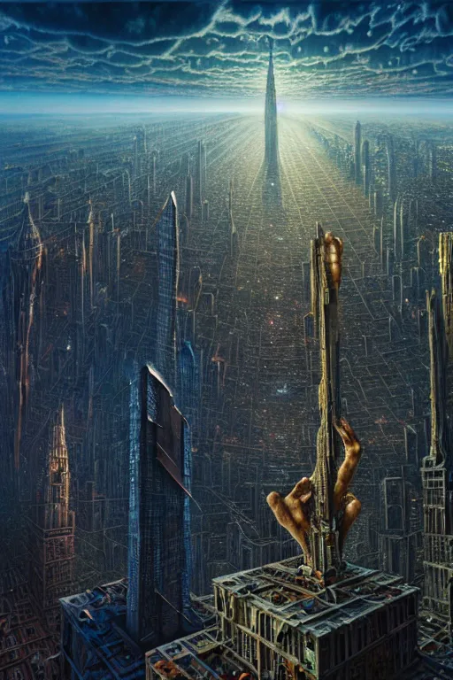 Image similar to hyperrealistic mixed media painting of a colossal giant, towering over a helpless metropolis, fear + despair, stunning 3d render inspired art by P. Craig Russell and Barry Windsor-Smith + perfect facial symmetry + dim volumetric lighting, 8k octane beautifully detailed render, post-processing, extremely hyperdetailed, intricate, epic composition, grim yet sparkling atmosphere, cinematic lighting + masterpiece, trending on artstation, very very detailed, masterpiece, stunning