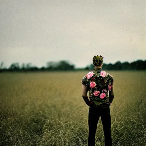 Image similar to kodak portra 1 6 0 photograph of a skinny guy standing in field of skulls, flower crown, back view, moody lighting, moody vibe, telephoto, 9 0 s vibe, blurry background, tranquil, calm, faded!,