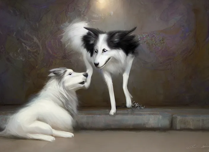 Image similar to wide shot painting of a male anthropomorphic border collie fursona dancing with a cute female anthropomorphic sheep fursona in a ballroom, beautiful, intricate, elegant, realistic proportions, highly detailed, scenic background, trending on artstation, art by charlie bowater and henry asencio and and ross tran