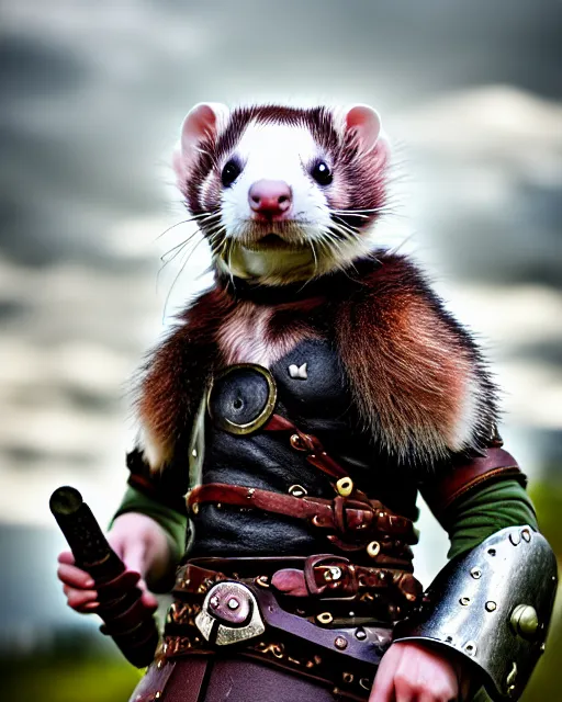 Image similar to ferret love warrior, furry, fantasy, viking, high detailed, hearts, photography, cloudy, lightweight leather armour, scandinavia, plain, detailed face, look into the distance, serious face, full body, in full growth, professional photographer, masterpiece, 5 0 mm, extremely detailed, digital art 8 k