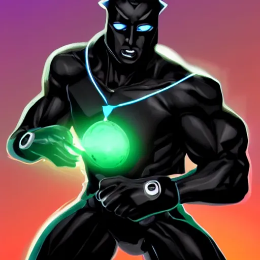 Prompt: dark - skinned superhero with a black suit and very minimal green details, his power comes from a ring that gives him mutant - like powers and a spectacular mask as a weapon he has an expandable staff. he wears no cape. he has a belt as a feline tail, digital art, artstation, conceptart, with golden chain connection at the colar bone sorta like a cape badass