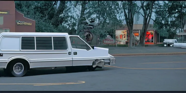 Image similar to Photorealistic cinematography of the rear of a the “Back To The Future Time Machine” from the film “Back To The Future” + reversing down a ramp out of Doc Browns “1984 white GMC Value Van” at night + filmed on location at ultra photorealistic “Back To The Future” “Twin Pines Mall” parking lot Set located at Puente Hills Mall, 1600 South Azusa Avenue, City of Industry, California At night By “Back To The Future” Cinematographer Dean Cundey at night 5