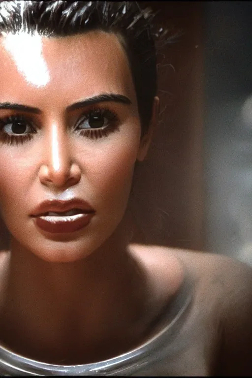 Image similar to film still of kim kardashian in the movie Alien, alien spider attached to her face as she tries to resist, scary, cinematic shot, 4k.