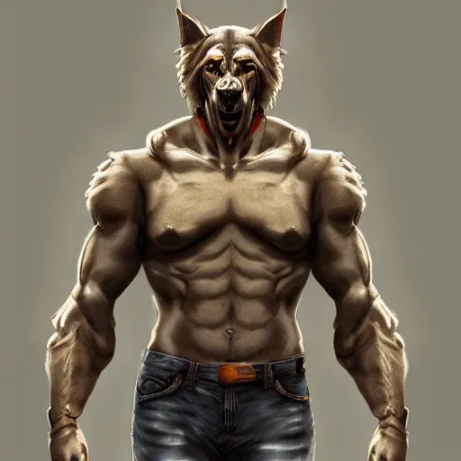 Image similar to a humanoid german shepherd beast - man, puts on jeans, artstation, concept art, smooth, sharp foccus ilustration, artstation