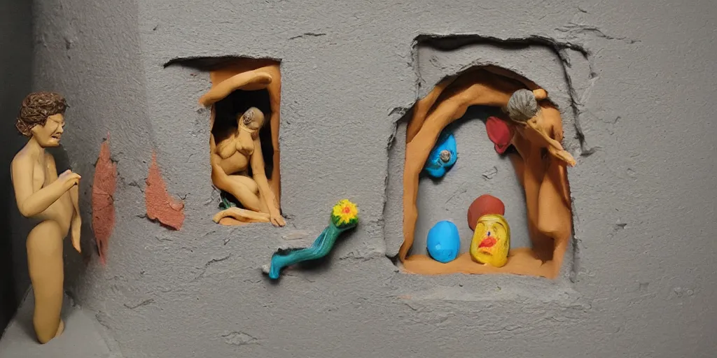 Prompt: plasticine sculpture. stop motion. john craxton. salvador dali clay models. gallery. paintings of flowers. room with small hole in wall. visitors. photorealistic.