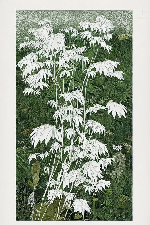 Prompt: herbarium page, highly detailed, fantasy plants, cool white, clean, white border, by denis sarazhin, victo ngai