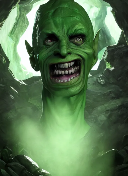 Image similar to A fantasy comic book style portrait painting of a slender green goblin in a cavern setting, unreal 5, DAZ, hyperrealistic, octane render, RPG portrait, ambient light, dynamic lighting