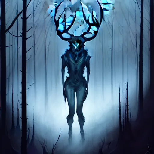 Prompt: in the style of artgerm, peter mohrbacher, rafael albuquerque, wendigo, in the forest emerging from the shadows, deer skull face, antlers, fog, full moon, moody lighting, horror scary terror