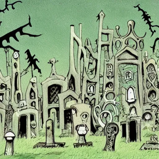 Prompt: film still of a haunted cemetery by tim burton and studio ghibli