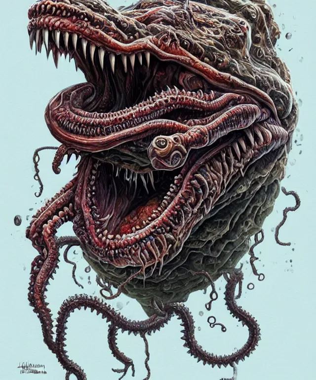 Image similar to hziulquoigmnzhah, large mouth with teeth, head dangling underneath body!!!!, spherical body, elongated arms, short legs, lovecraftian horror!, surrealism, fantasy, intricate, elegant, highly detailed, digital painting, artstation, concept art, matte, sharp focus, illustration, art by keith thompson and christopher lane