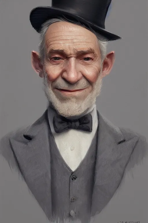 Image similar to a grey hair old halfling with no beard stubble top hat and suit by Greg Rutkowski, painting, portrait, HD, high details, trending on artstation