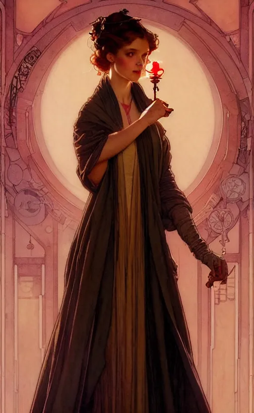 Prompt: girl wearing gown gorgeous lighting by weta studio, mucha, bautista and norman rockwell and greg rutkowski and tom bagshaw and james gurney and lucasfilm