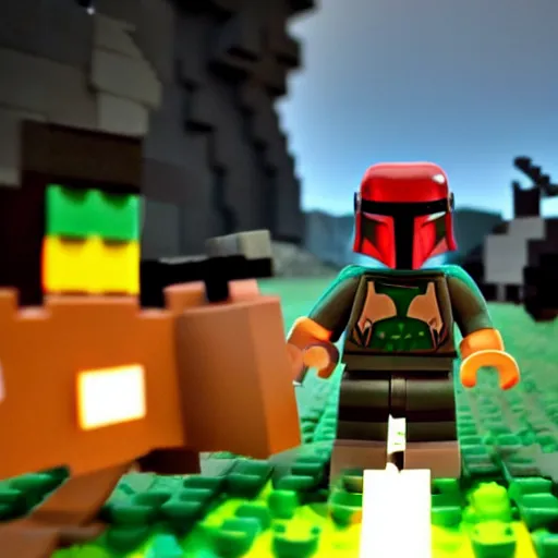 Image similar to Boba Fett made of Legos fighting Darth Vader as a Minecraft Skin in a field, dramatic lighting photo