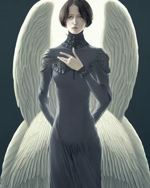 Image similar to an infinitely detailed portrait of a frail and pale female peace angel fully clothed. elegant clothes full - body, beautiful! scenery art!! coherent! by wlop & murata range, by ilya kuvshinov. victorian armor. artstation!! / pixiv!! elegantly armored angel portrait full - body, dreamy art