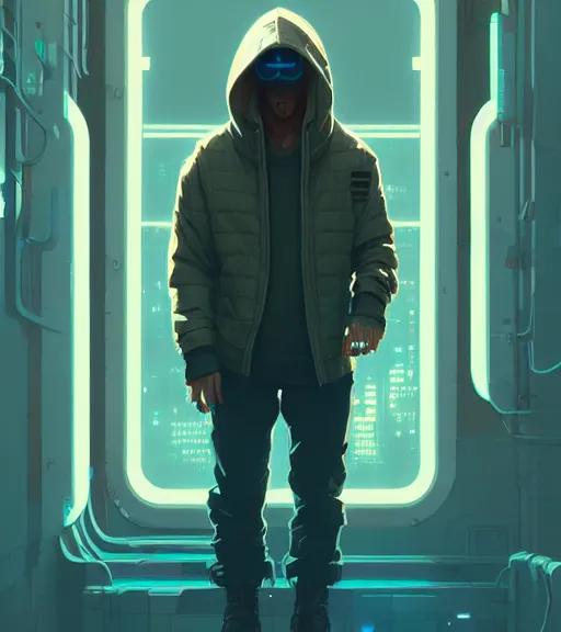 Image similar to cyberpunk synth, hyper - realistic portrait of a man in a hoodie, cyberpunk, by atey ghailan, by greg rutkowski, by greg tocchini, by james gilleard, by joe fenton, by kaethe butcher, dynamic lighting, gradient light blue, brown, blonde cream and white color scheme, grunge aesthetic