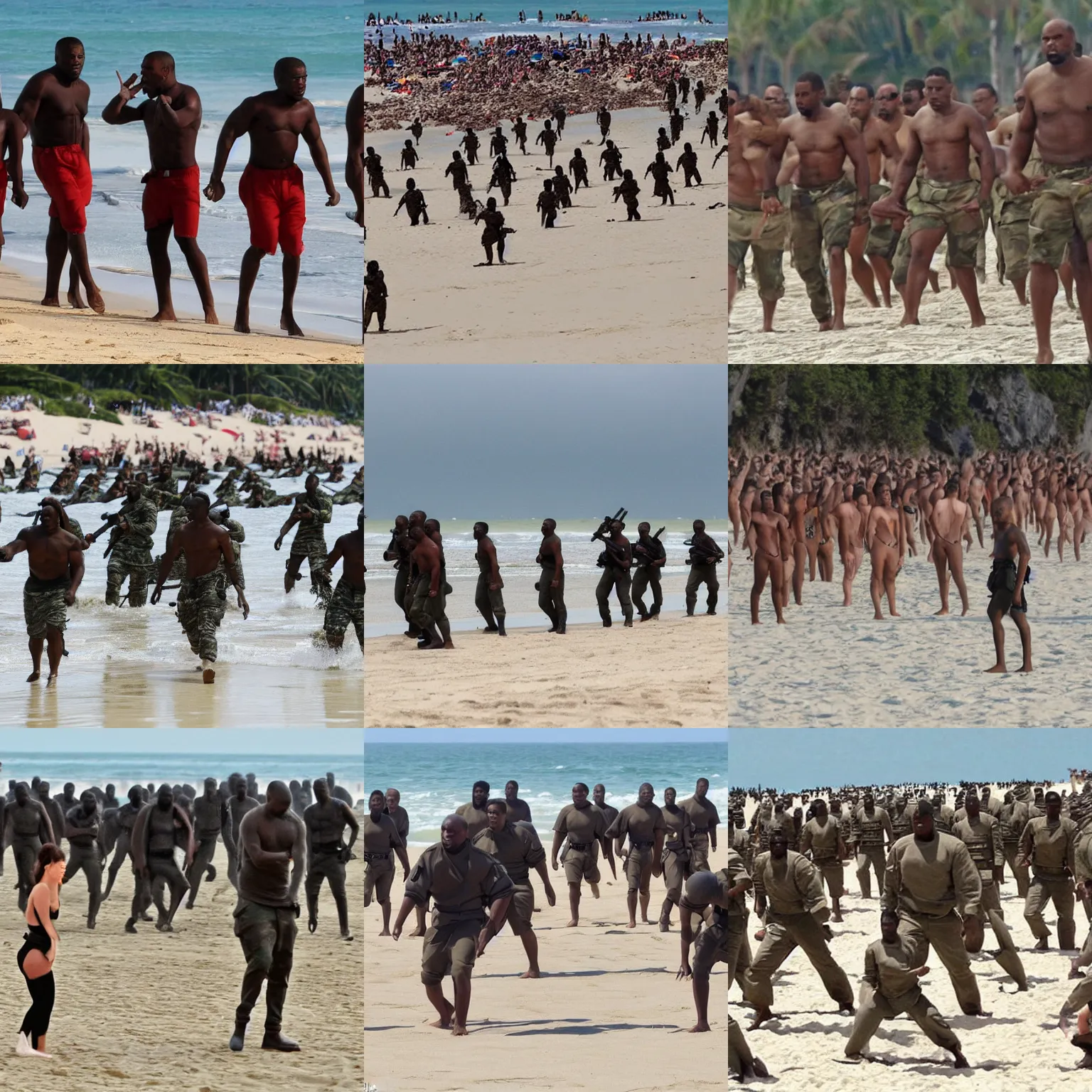 Prompt: many many Kayne West soldiers storming the beach