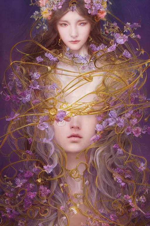 Image similar to breathtaking detailed soft painting of a knight queen with long flowing blue hair, pastel flowers petals and golden ribbons flying, art by pilyeon and yuumei art, symmetrical facial features, at dawn in front of a pristine golden art nouveau cathedral, elegant, volumetric lighting, highly detailed, artstation, concept art, matte, sharp focus,