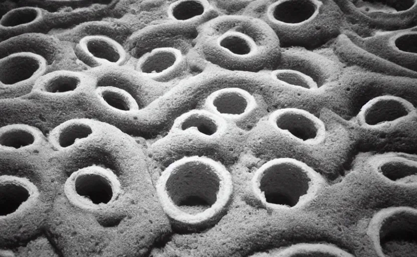 Image similar to hyper liminal photo, sponge with many tunnels inside each hole, tunnels lead to different worlds, surreal, ominous creature hiding detailed, high definition, mysterious, low quality photo, surrealist depiction of a normal sponge, trending, m. c. esher