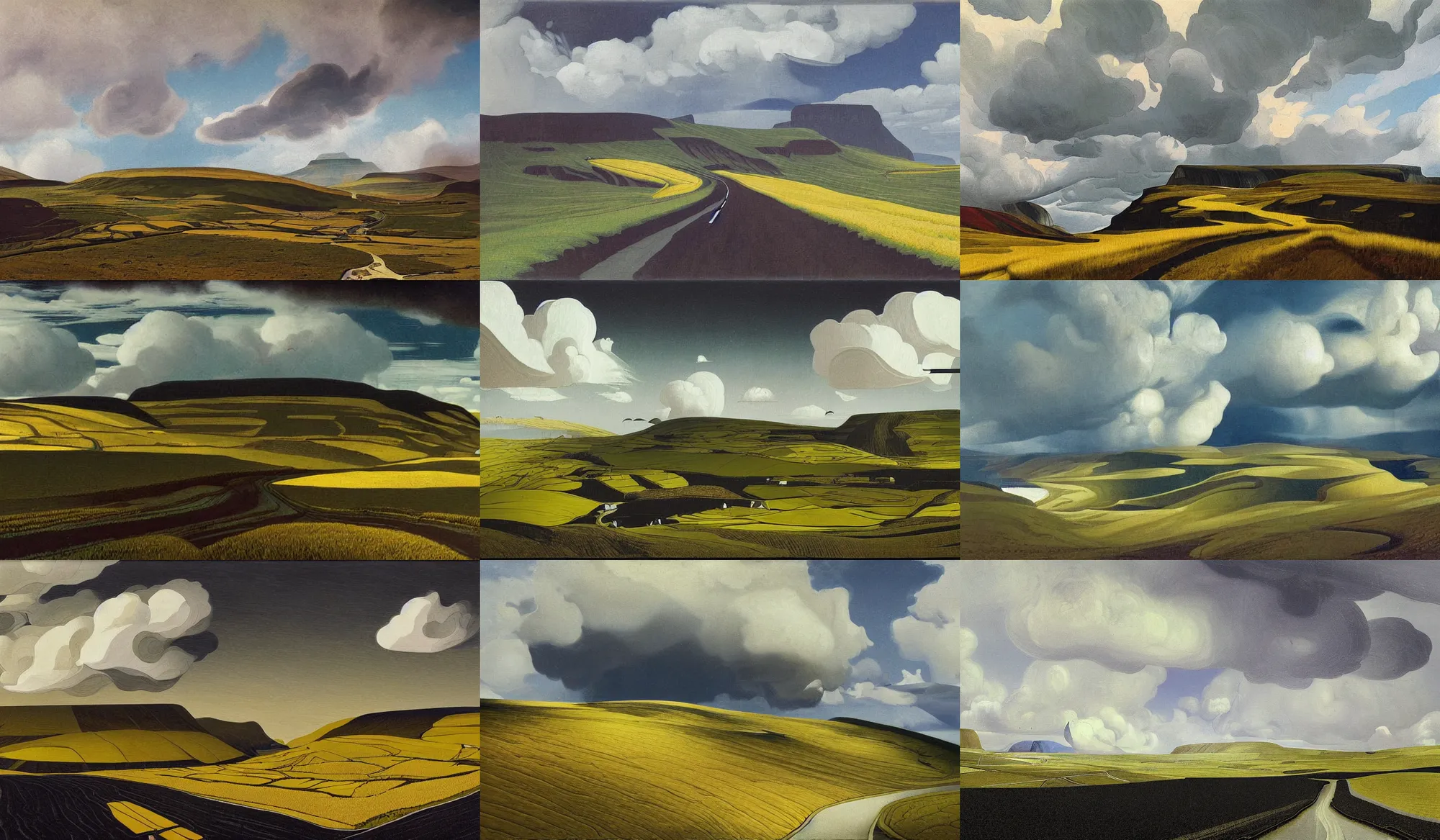 Prompt: painting of landscape of faroe, hurricane, road between hills, surreal sky, thunder clouds, forest, blossom wheat fields, pastoral, from a bird's eye view, unsaturated and dark atmosphere, artwork by georgy nissky and alfred joseph casson and isaac levitan