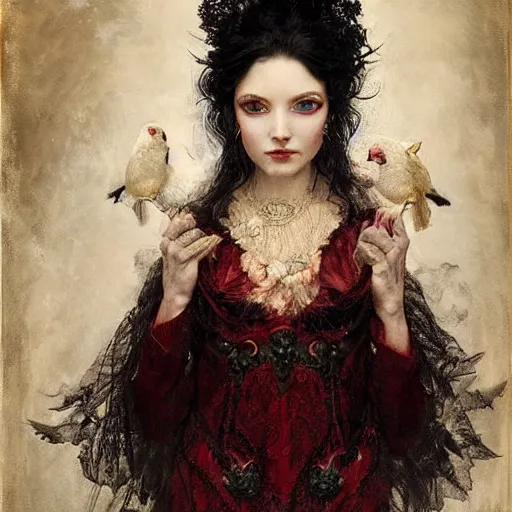 Prompt: portrait of a red sorcerer, sharp focus, black hair, baroque, rococo, highly detailed, intricate, bird mask, white, regal clothing, gold ethereal light, by livia prima