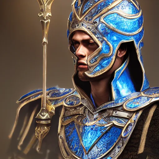 Image similar to concept art, full body portrait of king sorcerers, ornate, blue and silver, armor, robes, hyperrealistic, 4 k, unreal engine, highly detailed, dramatic lighting, beautiful