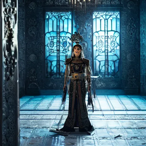 Prompt: the elder scrolls vi, charismatic regal black haired female jarl, portrait, exquisitely designed throne room, atmospheric lighting, painted, intricate, volumetric lighting, beautiful, daytime, slightly sunny weather, sharp focus, deep colours, ultra detailed, golden hour by leesha hannigan, ross tran, thierry doizon, kai carpenter, ignacio fernandez rios