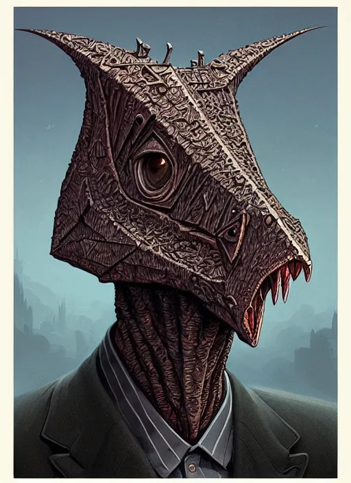 Image similar to anthropomorphic triangle head in edgy darkiron mr. bean, intricate, elegant, highly detailed animal monster, digital painting, artstation, concept art, smooth, sharp focus, illustration, art by artgerm, wayne barlowe, trending on artstation and greg rutkowski and alphonse mucha, 8 k