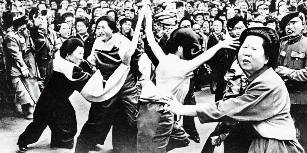 Image similar to a photo of mao zedong fighting with margaret thatcher, photorealistic, dramatic