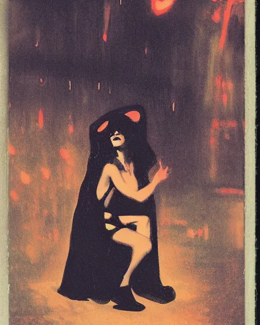 Image similar to an instant photo of a girl meeting the devil in the rain at night, 1 9 7 0 s, seventies, wallpaper, delicate embellishments, painterly, offset printing technique, by brom, robert henri, walter popp