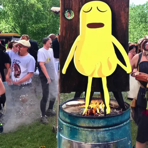 Image similar to lemongrab from adventure time being burned at the stake at a renaissance fair