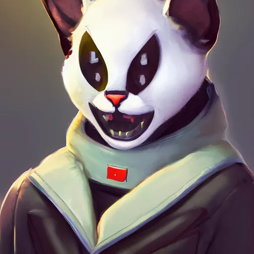 Image similar to Portrait painting an anthropomorphic gray cat smiling wearing a jacket and a collar, as an Overwatch character, medium shot, asymmetrical, profile picture, Organic Painting, sunny day, Matte Painting, bold shapes, hard edges, street art, trending on artstation, by Huang Guangjian and Gil Elvgren and Sachin Teng