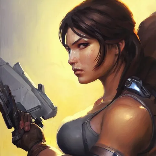 Image similar to greg manchess portrait painting of partially armored lara croft as overwatch character, close - up shot, asymmetrical, profile picture, organic painting, sunny day, matte painting, bold shapes, hard edges, street art, trending on artstation, by huang guangjian and gil elvgren and sachin teng