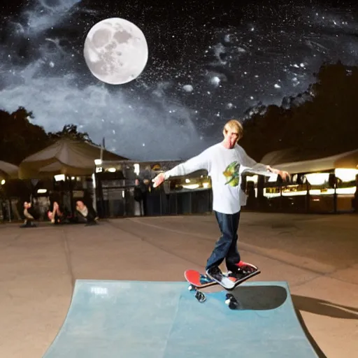 Image similar to tony hawk , skating in front of the moon