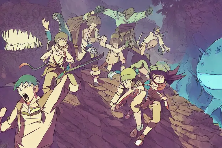 Image similar to cell shaded key visual of a group of adventurers being ambushed by monsters in a dungeon, in the style of studio ghibli, moebius, makoto shinkai,