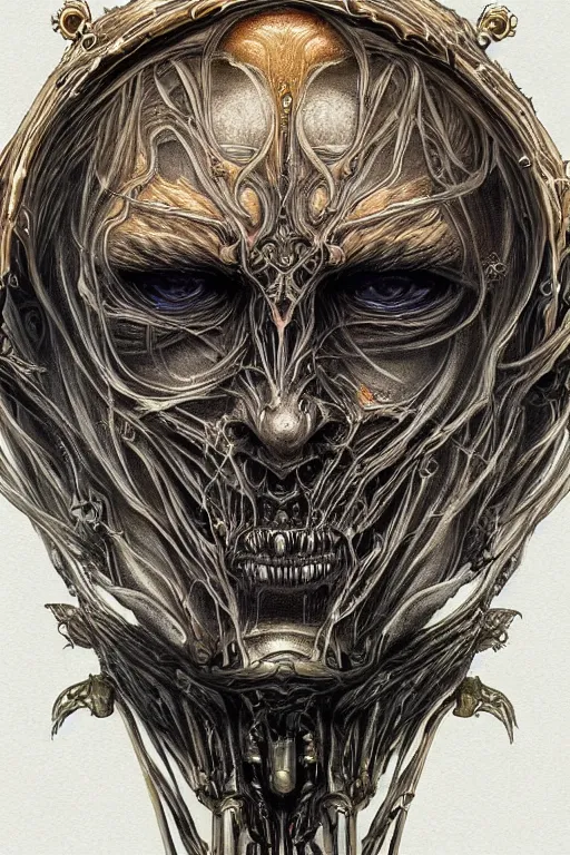 Prompt: Elden Ring and Doom themed painting of majestic chromatic biomechanical anatomical human hybrid beautiful ethereal angel symmetrical neutral mask closeup face tattoo pattern golden ratio concept, Neo-Gothic concept, infinity glyph waves, intricate artwork masterpiece, very coherent artwork, cinematic, full frontal facial features by Artgerm, art by H.R. Giger, Takato Yamamoto, Zdizslaw Beksinski, Johnatan Wayshak, Moebius, Ayami Kojima, very anatomically coherent artwork, trending on cgsociety, ultra high quality model, production quality cinema model, high detail chromatic ink outline, octane render, unreal engine 8k, hyper realism, high detail, octane render, unreal engine, 8k, High contrast