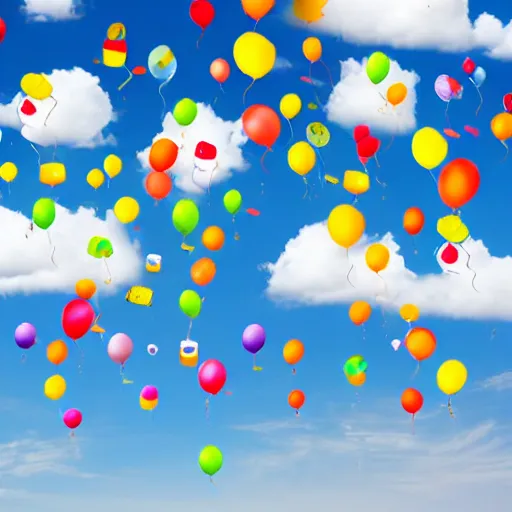 Image similar to a lot of birthday balloons with smiley faces floating in the clouds