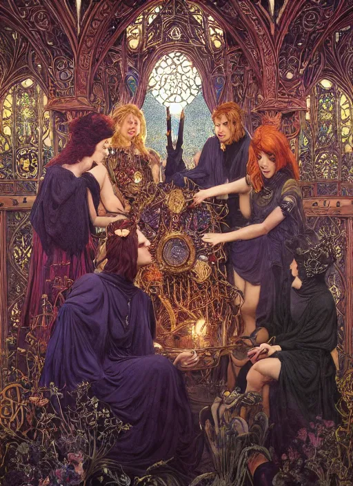 Image similar to mindcontrol inside covens den, intricate wiccan scene detailing, textless, hyperornate wiccan photorealistic mindcontrol, highly detailed, photorealistic, diffuse lighting, hdrp, artstation, unreal 5, smooth, sharp focus, art by john collier, albert aublet, krenz cushart, artem demura, alphonse mucha