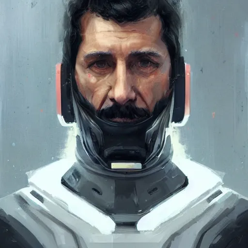 Prompt: Portrait of a man by Greg Rutkowski, he is about 50 years old, his features are a mixture between polish and persian, messy black short hair, tall and slim, tired expression, respectable authority figure, he is wearing a futuristic space gear, highly detailed portrait, scifi, digital painting, artstation, concept art, smooth, sharp foccus ilustration, Artstation HQ.